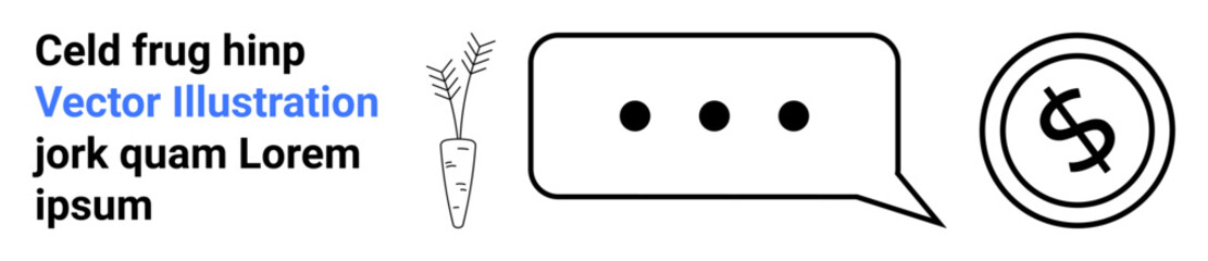 Fototapeta premium Carrot with leaves, speech bubble with ellipses, decorative dollar sign in circular icon. Ideal for communication, agriculture, economy, minimalism, food marketing, finance abstract line flat