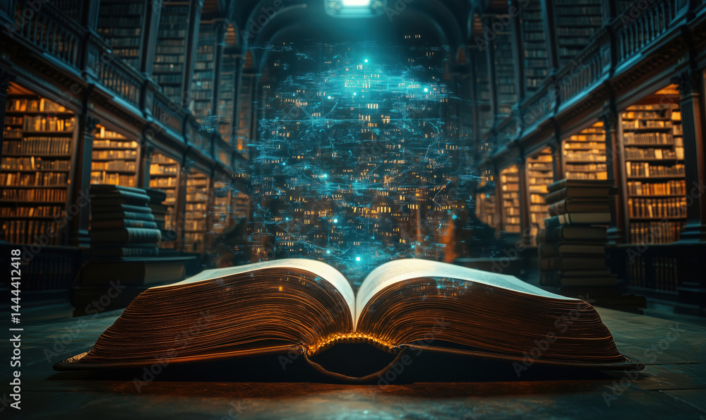 Poster open book in grand library with digital data visualization floating above pages.