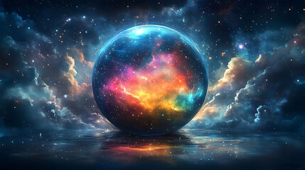 Fototapeta premium A cosmic sphere floats over water reflecting colorful nebulae and starry skies in a captivating scene