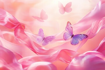 Pastel butterflies fluttering around pink silk fabric in a dreamy and soft light setting scene