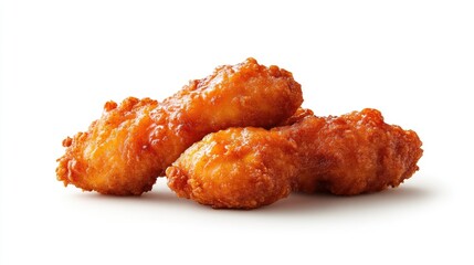 Crispy, golden-brown, breaded chicken pieces, stacked, isolated on white background.  Delicious, savory, and ready to eat