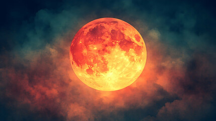 Obraz premium Eerie red full moon glows amidst dark cloudy night casting light on the dense atmosphere