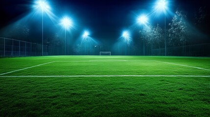 Obraz premium Night soccer field illuminated by bright stadium lights.