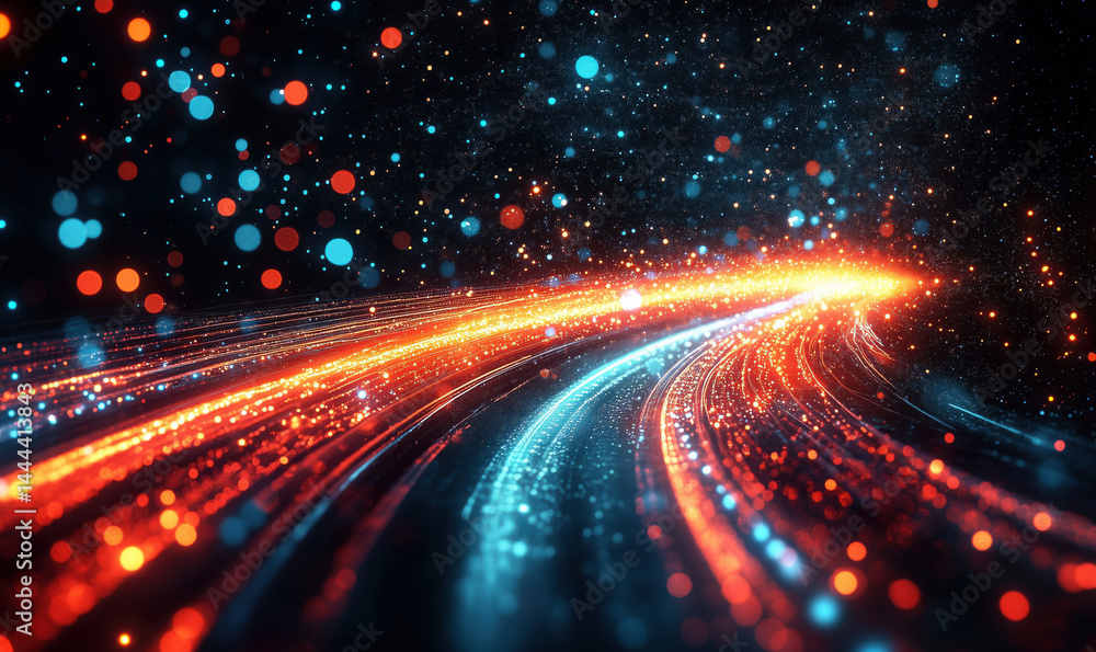 Poster vibrant abstract light trails with glowing particles in dynamic motion.