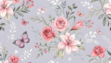 Floral background with roses lilies and butterflies seamless pattern for design and decoration art