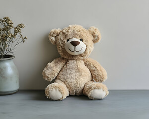 Obraz premium Plush teddy bear sits near a vase with flowers creating a peaceful and inviting scene with neutral tones
