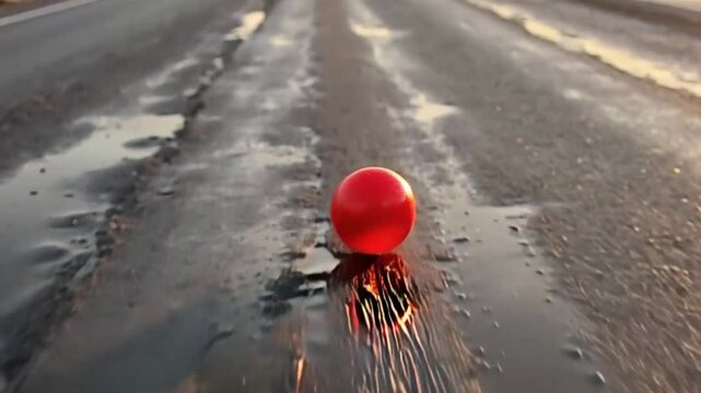 red ball rolling in the middle of the asphalt road