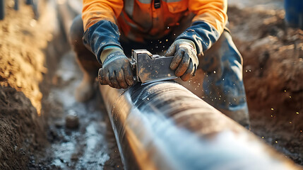 Worker Using Angle Grinder on Pipeline