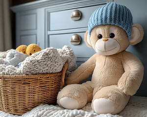 Toy monkey with blue hat sitting next to a wicker basket with a soft blanket and two yellow toy heads