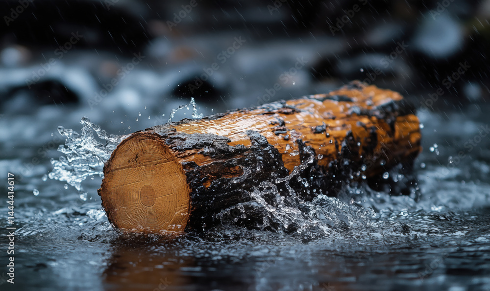 Poster wooden log splashing in water creating dynamic ripples and droplets.