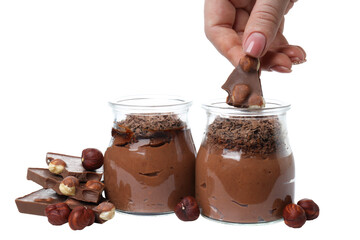 PNG, chocolate mousse in a jar, isolated on white background.