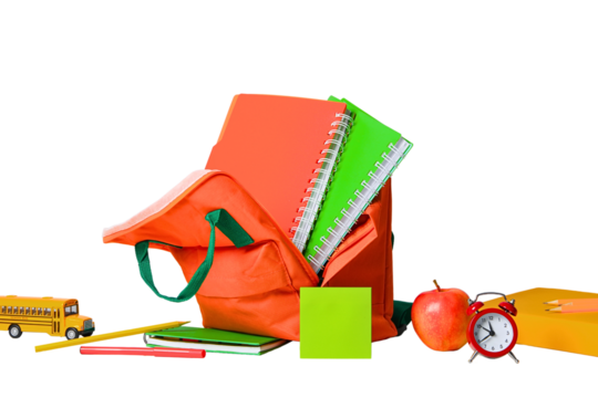 Colorful school supplies next to a backpack on white, isolated on white, PNG