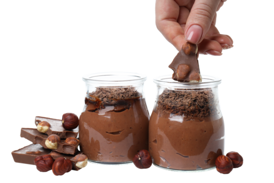 PNG, chocolate mousse in a jar, isolated on white background. - Powered by Adobe