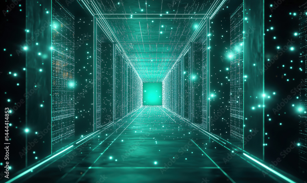 Poster futuristic digital corridor with glowing lines and particles creating immersive experience.