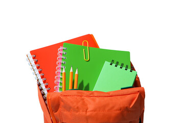 Colorful notebooks and pencils are in a school backpack, isolated on white, PNG
