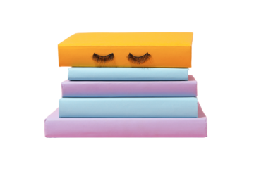 Colorful books with playful eyelashes stacked for a cheerful look, isolated on white, PNG