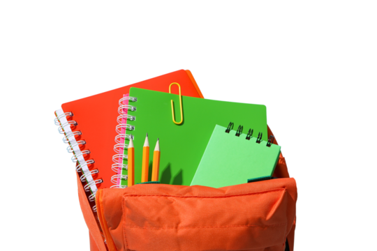 Colorful notebooks and pencils are in a school backpack, isolated on white, PNG - Powered by Adobe