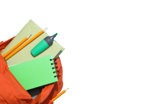 Colorful school supplies are neatly packed inside a backpack, isolated on white, PNG