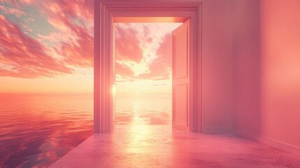 Open door reveals a breathtaking sunset over a calm ocean.