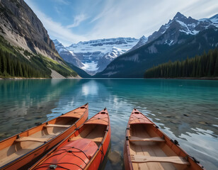 Obraz premium Three orange canoes rest in clear turquoise water, with snow-capped mountains in background.
