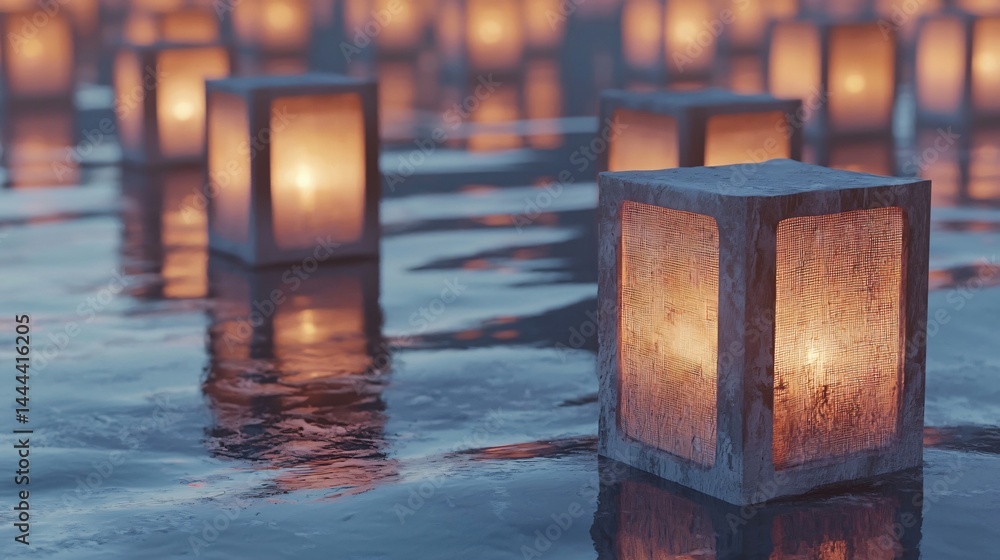 Aufkleber a tranquil scene of floating candles illuminating the water at dusk with a soft, diffused glow creat