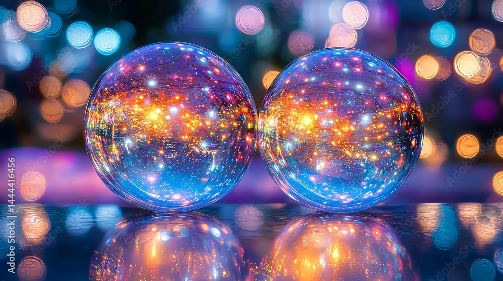 Poster two shiny glass balls reflecting light and colorful patterns creating a fascinating visual experienc