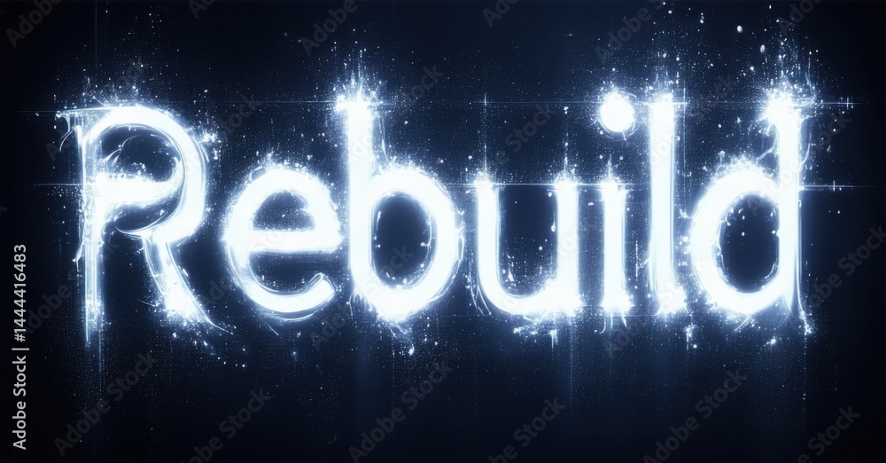 Aufkleber bright text spells rebuild with glowing particles. dark blue background creates dramatic effect. ene