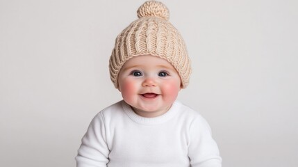 Adorable baby girl wearing a beige knitted hat