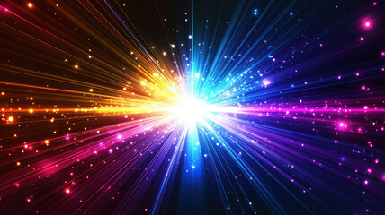 Fototapeta premium Colorful light burst with radiant beams and sparkling particles in dark background.
