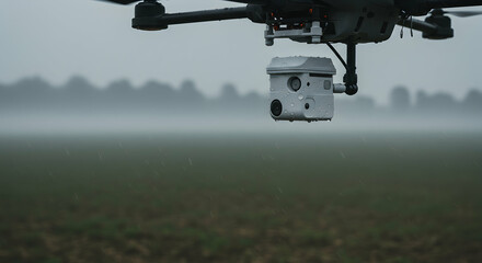 Fototapeta premium Drone Flying in Rainy Weather over Field Capturing Footage