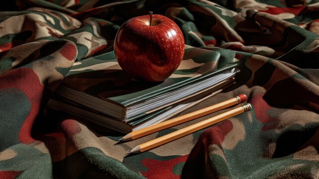 Books, pencils, and apple placed on military camouflage backdrop reflecting armed forces education. 