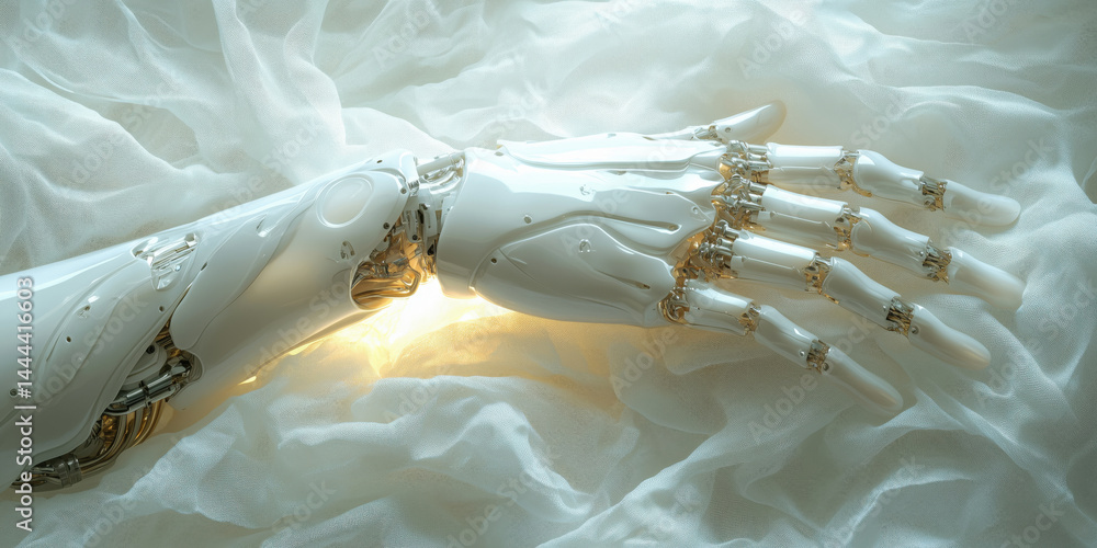 Poster futuristic robotic hand resting on soft fabric with glowing elements.