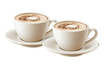 Two coffee cups with cappuccino and saucers isolated on a transparent background