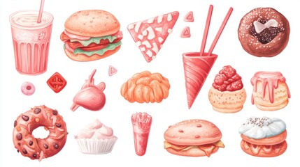 Pink delectable food illustrations assortment.
