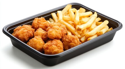 Crispy chicken nuggets and golden french fries in a black tray delicious fast food meal hot eat snack