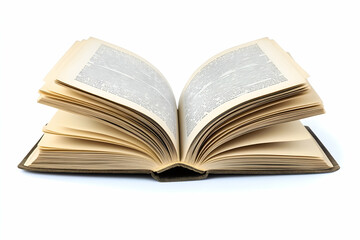 Open antique book with aged, yellowed pages;  a symbol of knowledge, history, and learning, isolated on a white background.