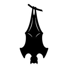 Stylized illustration of a bat hanging upside down from a branch