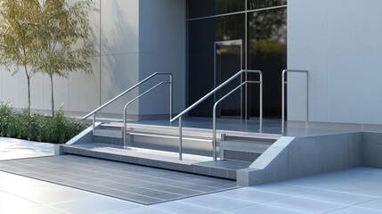 Modern building entrance with accessible ramp and stairs