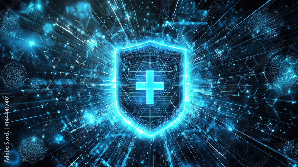 Poster digital shield symbolizing cybersecurity and data protection with glowing effects.