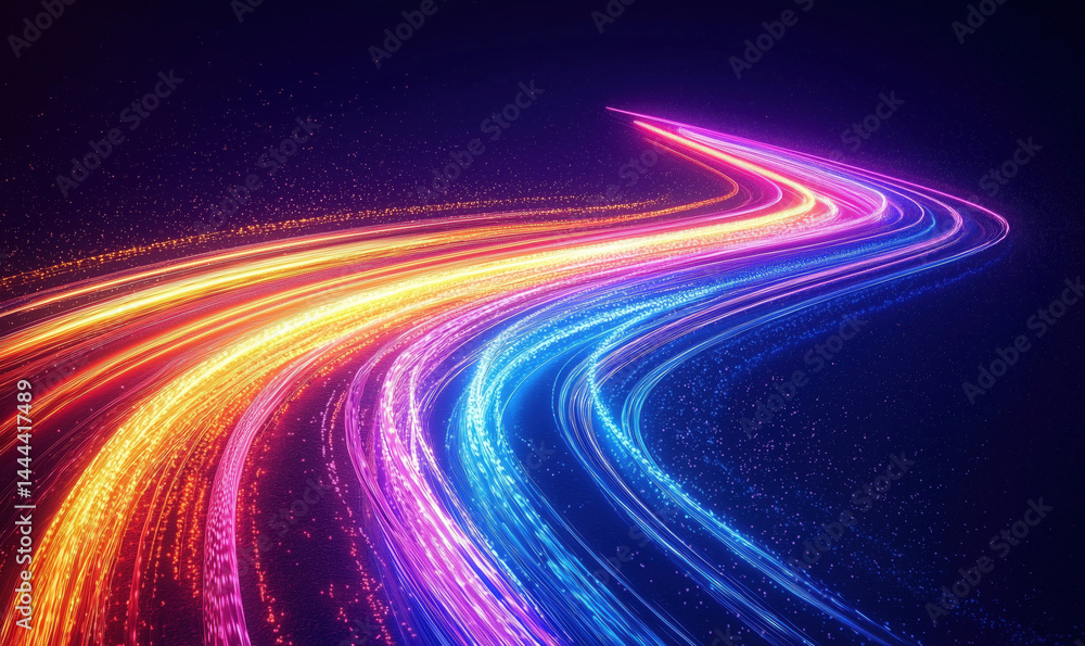 Poster colorful light trails creating dynamic wave patterns in dark background.