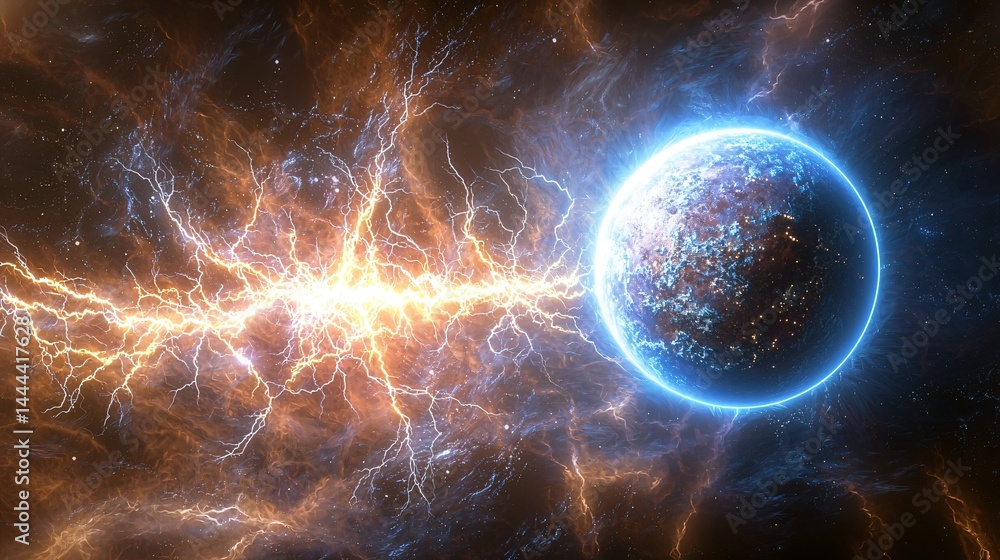 Poster stunning planet nestled amidst a colorful nebula with swirling gases and stars creating a captivatin