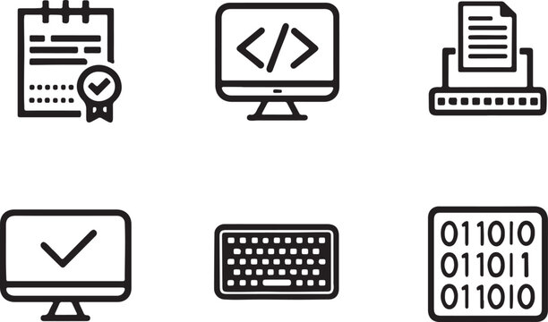Set of 6 outline icons related to coding and typography elements. Linear icon collection of core technology and binary. Editable stroke line art. Vector illustration.