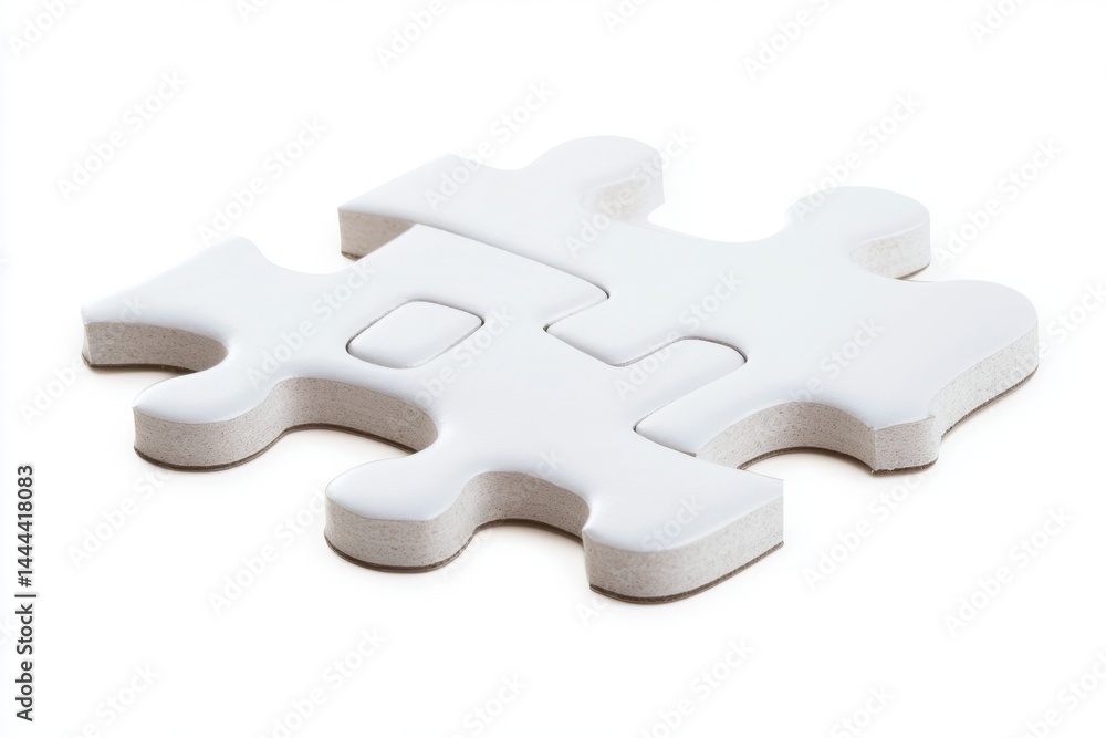 Poster two white puzzle pieces connected on a white background in a close up studio shot view image
