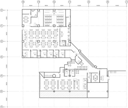 Drawing 2d layout layout, working zone with manager's room zone and original vector meeting room.
