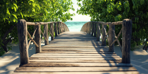 Wooden bridge leading to serene beach with lush greenery and ocean view.