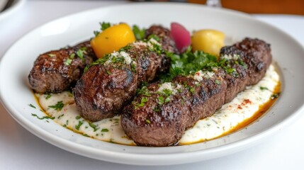 Grilled meat skewers with creamy sauce and vegetables