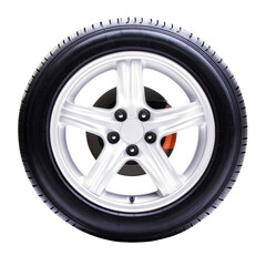 Fototapeta premium Close-up of a car tire with white alloy rim and black tread, isolated on white background, showcasing detailed wheel design and rubber texture
