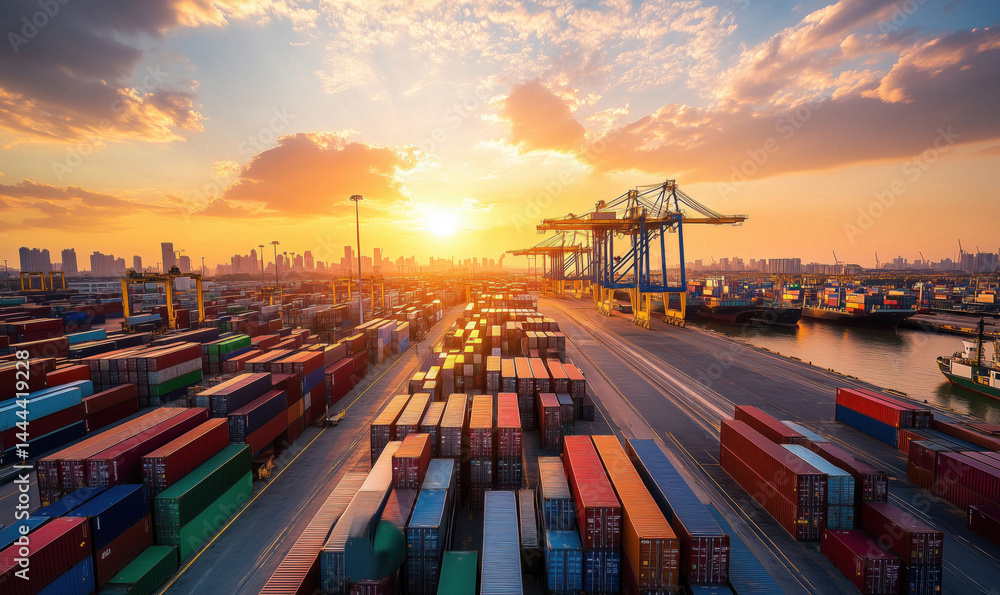 Poster sunset over busy shipping port with colorful containers and cranes in silhouette.