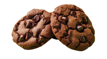 Two delicious double chocolate chip cookies isolated on transparent background. Close up view showcases rich brown cookie texture and melted chocolate chips.