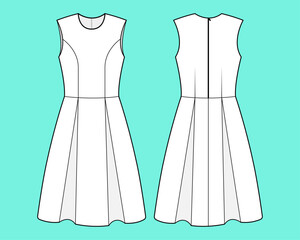 Women sleeveless round neck dress technical drawing fashion flat sketch vector illustration template front and back views outline CAD mockup.